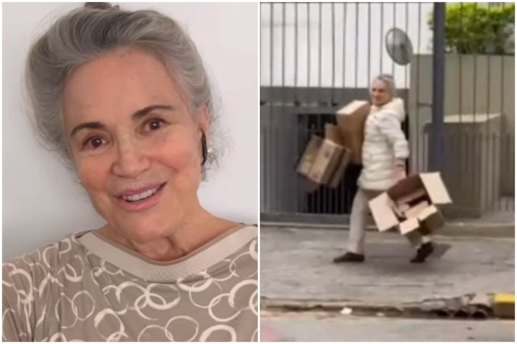 Regina Duarte cata papelão na rua