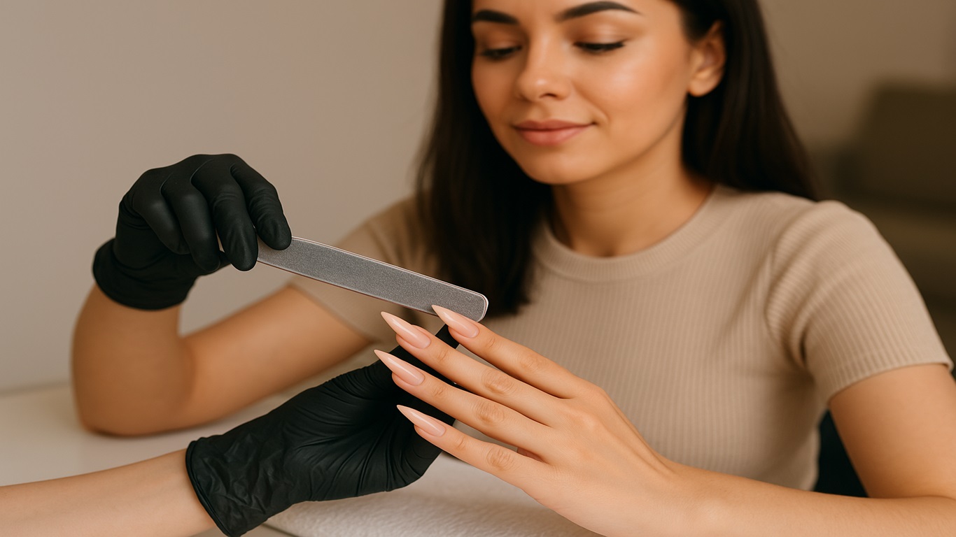 Mulher concentrada, esmaltando as unhas stiletto com precisão